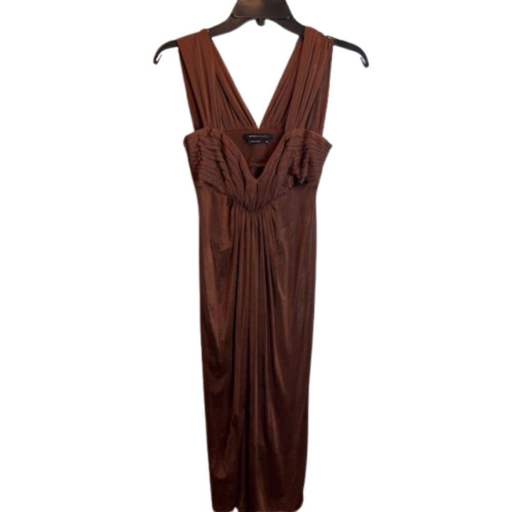 BCBGMAXAZRIA Brown Bronze Ruched V-Neck Midi Dress XS